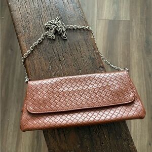 Chic Tan Woven Clutch with Chain Strap